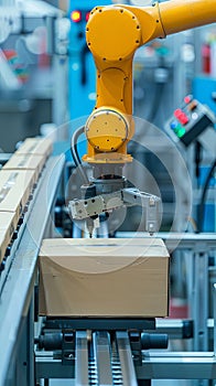 Cartboard boxes parcels on conveyor belt in warehouse handled by robotic arm