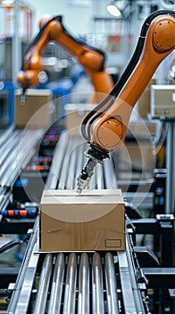 Cartboard boxes parcels on conveyor belt in warehouse handled by robotic arm