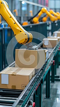 Cartboard boxes parcels on conveyor belt in warehouse handled by robotic arm