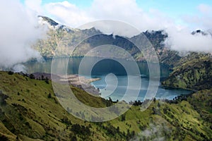 Carter lake of mt Rinjani in the clouds