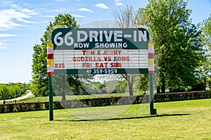 Sign for the historic 66 Drive-in Theatre and neon sign, along old Route 66. Listed on the