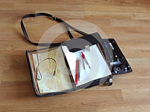 Cartographer mapmaker geographer bag leather with pencils