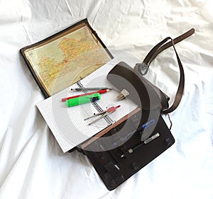 Cartographer mapmaker geographer bag leather with pencils