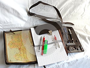 Cartographer mapmaker geographer bag leather with pencils photo