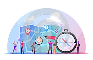 Cartography Concept. Tiny Male and Female Characters with Huge Compass, Divider and Pen Planning Route on Map photo