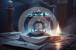 Cartomancy. pendulum on blurred altar , created with Generative AI technology photo