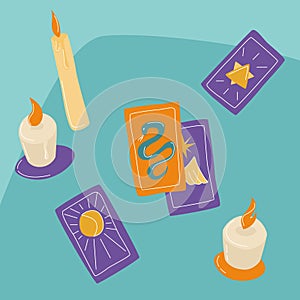 Cartomancy. On the table there are candles and tarot cards. The concept of divination, astrology and esotericism. Vector photo