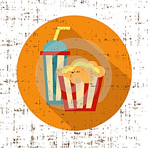 Carton bowl full of popcorn and paper glass of drink, screen texture vector