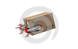 Carton box flies fast with rocket. concept of express and priority delivery. 3d render