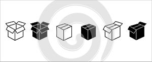 Carton box icon set. Cardboard box vector icons set. Opened and closed carton box. Assorted delivery packaging, symbol of shipping