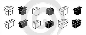 Carton box icon set. Cardboard box vector icons set. Opened and closed carton box. Assorted delivery packaging, symbol of shipping