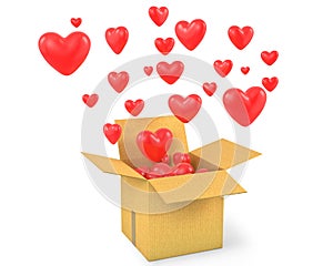 Carton box with a lot of flying out hearts