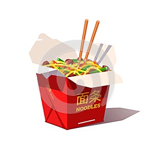 Carton box noodles with veggies and wok fried pork