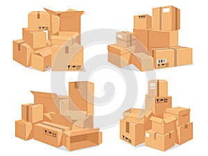 Carton box stack. Big pile of delivery brown cardboard boxes. Cartoon stacked warehouse parcels. Packing for moving to