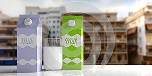 Carton boxes and glass of milk. 3d illustration