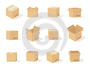 Carton boxes. Opened and closed cardboard box, packaging for delivery and storage, online shipping secure parcel, vector