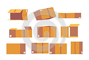 Carton Boxes Set. Sturdy, Rectangular Containers Made Of Corrugated Cardboard, Used For Packaging And Transporting Goods