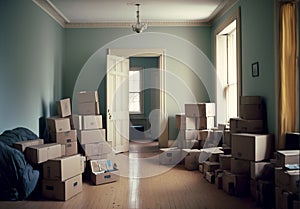 Carton boxes with stuff in room. Moving house concept. Created with Generative AI technology.