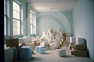 Carton boxes with stuff in room. Moving house concept. Created with Generative AI technology.