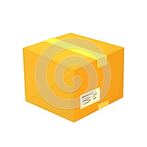 Carton container vector illustration, cardboard box pack with handling packing text stickers, bar code, closed parcel