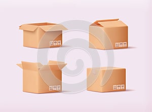 Carton delivery packaging open and closed box with fragile signs. Cardboard box mockup set. 3D Vector Illustrations