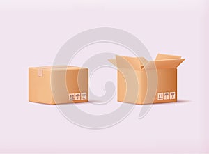 Carton delivery packaging open and closed box with fragile signs. Cardboard box mockup set. 3D Web Vector Illustrations