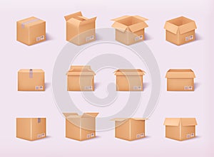 Carton delivery packaging open and closed box with fragile signs. Cardboard box mockup set. 3D Web Vector Illustrations