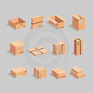 Carton delivery packaging open and closed boxes on a grey background. Vector illustration.