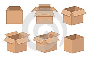 Carton delivery and storage packaging open box set. Vector illustration isolated on white background