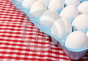 Carton of Eggs on Rustic Table With Checkered Table Cloth