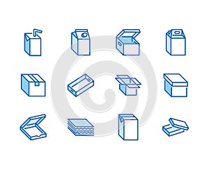 Carton flat line icons set. Cardboard box, juice, milk pack, pizza packaging, delivery boxes vector illustration. Thin