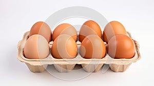 A carton of fresh, brown eggs against a white background