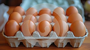 Carton of fresh brown eggs on wooden table