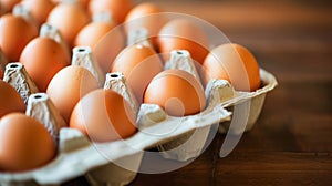 Carton of fresh brown eggs on wooden table