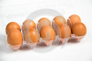 Carton of fresh free range eggs on a white background.