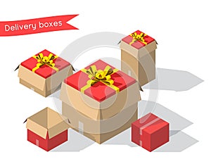 Carton gift boxes delivery packaging open and closed box with bows. Vector isometric cardboard box mockup set