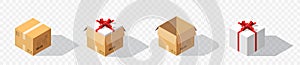 Carton gift boxes delivery packaging open and closed box with bows. Vector isometric cardboard box mockup set