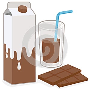 Carton and glass of chocolate flavored milk and a bar of chocolate. Vector Illustration