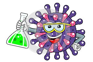 Carton mascot character virus or bacterium performing chemestry experiment science isolated vector illustration