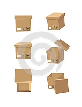 Carton Open and Closed Recycling Boxes Set. Cartoon Style Illustration Delivery Packaging. Flat Graphic Design Forwarding Clip Art