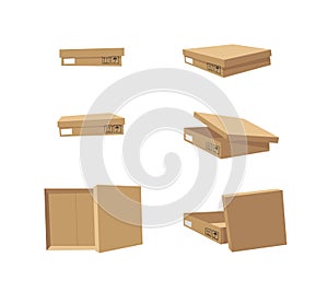 Carton Open and Closed Recycling Boxes Set. Cartoon Style Illustration Delivery Packaging. Flat Graphic Design Forwarding Clip Art