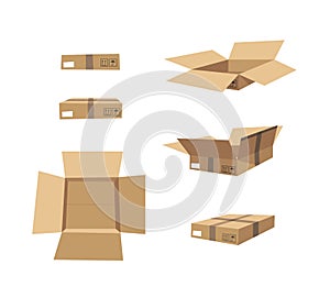 Carton Open and Closed Recycling Boxes Set. Cartoon Style Illustration Delivery Packaging. Flat Graphic Design Forwarding Clip Art