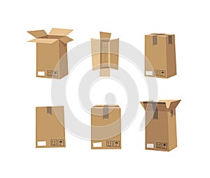 Carton Open and Closed Recycling Boxes Set. Cartoon Style Illustration Delivery Packaging. Flat Graphic Design Forwarding Clip Art