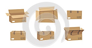 Carton Open and Closed Recycling Boxes Set. Cartoon Style Illustration Delivery Packaging. Flat Graphic Design Forwarding Clip Art