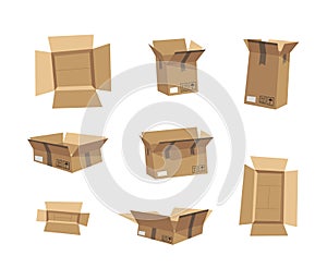 Carton Open and Closed Recycling Boxes Set. Cartoon Style Illustration Delivery Packaging. Flat Graphic Design Forwarding Clip Art