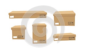 Carton Open and Closed Recycling Boxes Set. Cartoon Style Illustration Delivery Packaging. Flat Graphic Design Forwarding Clip Art