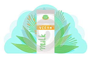 Carton pack with vegan milk at green leaves background, organic milk, organic dairy free product