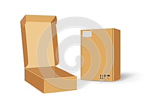 Carton packaging box. Delivery set of different sized packages with postal signs of fragile. Set of closed and open