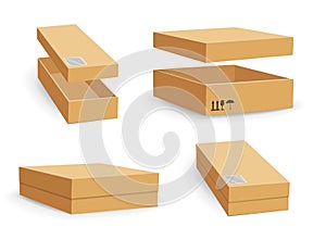 Carton packaging box. Delivery set of different sized packages with postal signs of fragile. Set of closed and open