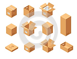 Carton packaging boxes set. Isometric view. Different size and format. Closed and open packages on white background.